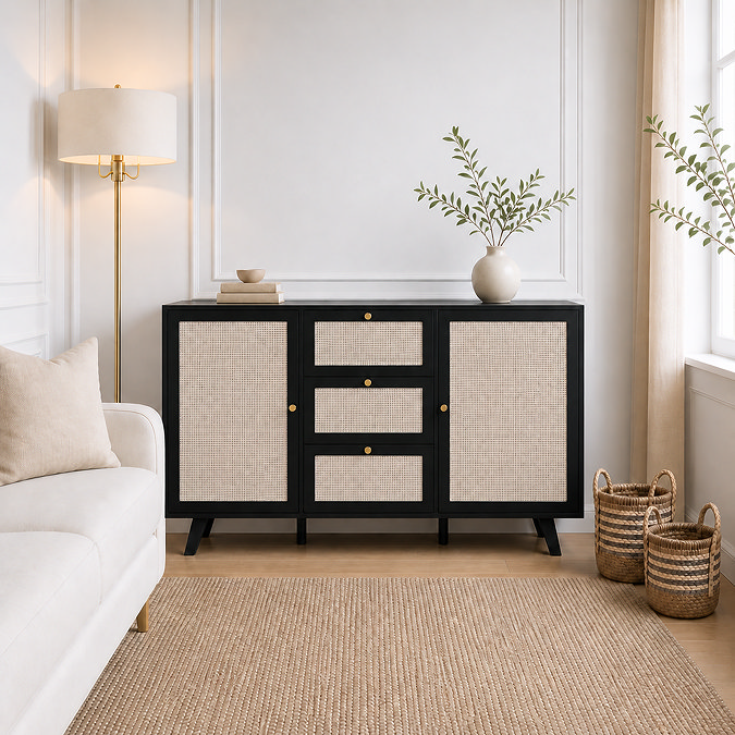 image of black rattan sideboard with small gold handles next to tall floor lamp in living room