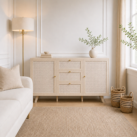 image of natural coloured rattan three drawer sideboard in living room