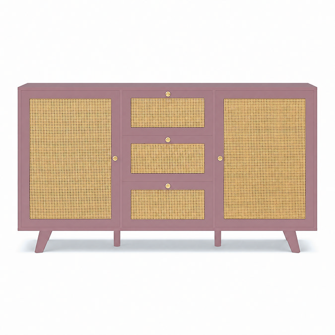 front on cut out image of bold pink rattan three drawer sideboard