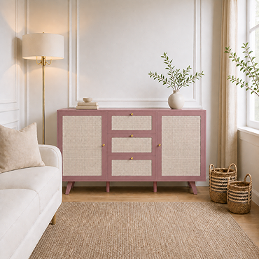 angled cut out image of pink clay coloured sideboard with rattan front