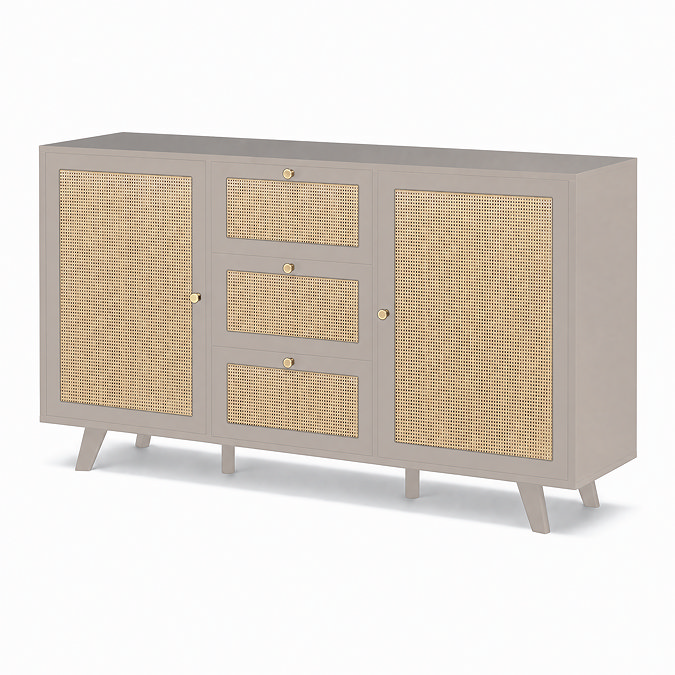 angled image of taupe rattan sideboard