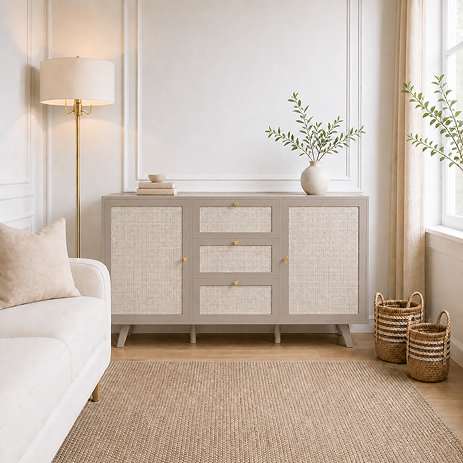 lifestyle image of soft taupe sideboard in living room in front of panelled wall