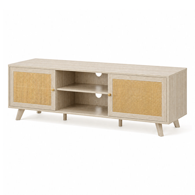 angled cut out image of natural coloured tv unit with rattan doors