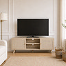 lifestyle image of natural coloured tv unit with rattan doors