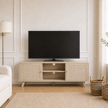 angled cut out image of natural coloured tv unit with rattan doors