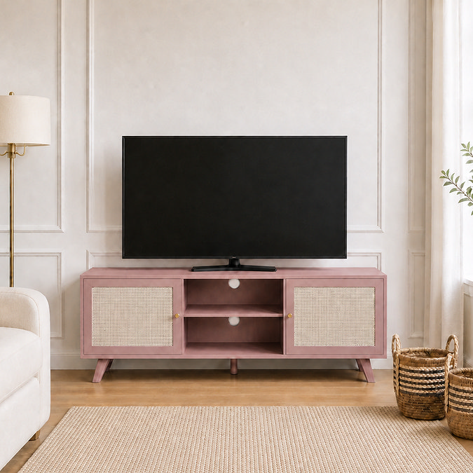 lifestyle image of pink clay coloured tv unit with rattan doors