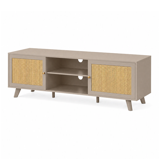 angled cut out of taupe tv unit with rattan doors