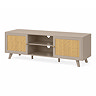 angled cut out of taupe tv unit with rattan doors