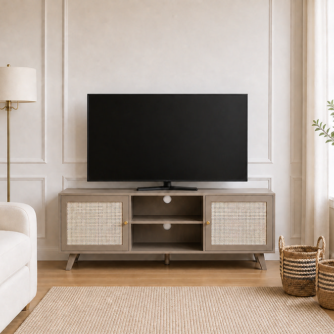 lifestyle image of soft taupe large tv unit with rattan doors