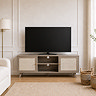 lifestyle image of soft taupe large tv unit with rattan doors