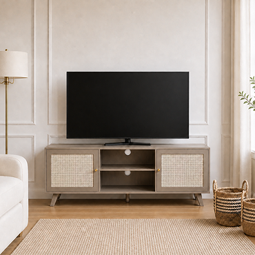 angled cut out of taupe tv unit with rattan doors