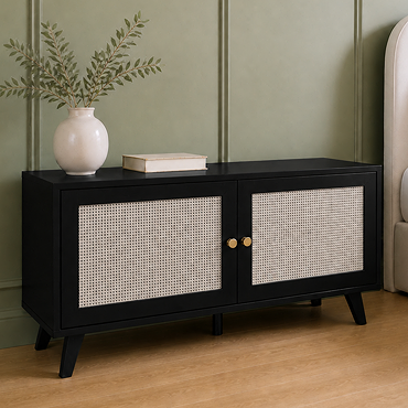angled cut out image of small rattan tv unit in black finish