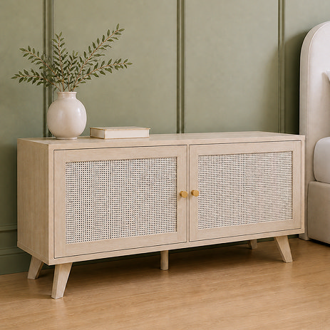 image of natural coloured small rattan tv unit against green wall