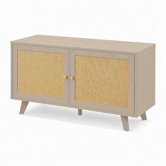 angled image of two door small tv unit in taupe
