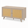 angled image of two door small tv unit in taupe
