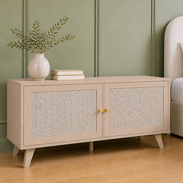 angled image of two door small tv unit in taupe