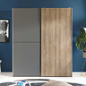 front on image of wide wardrobe with sliding doors - one grey and the other with thin wood-panel front