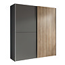 image cut out on white background of wide grey wardrobe with two doors, one with thin wood-effect front