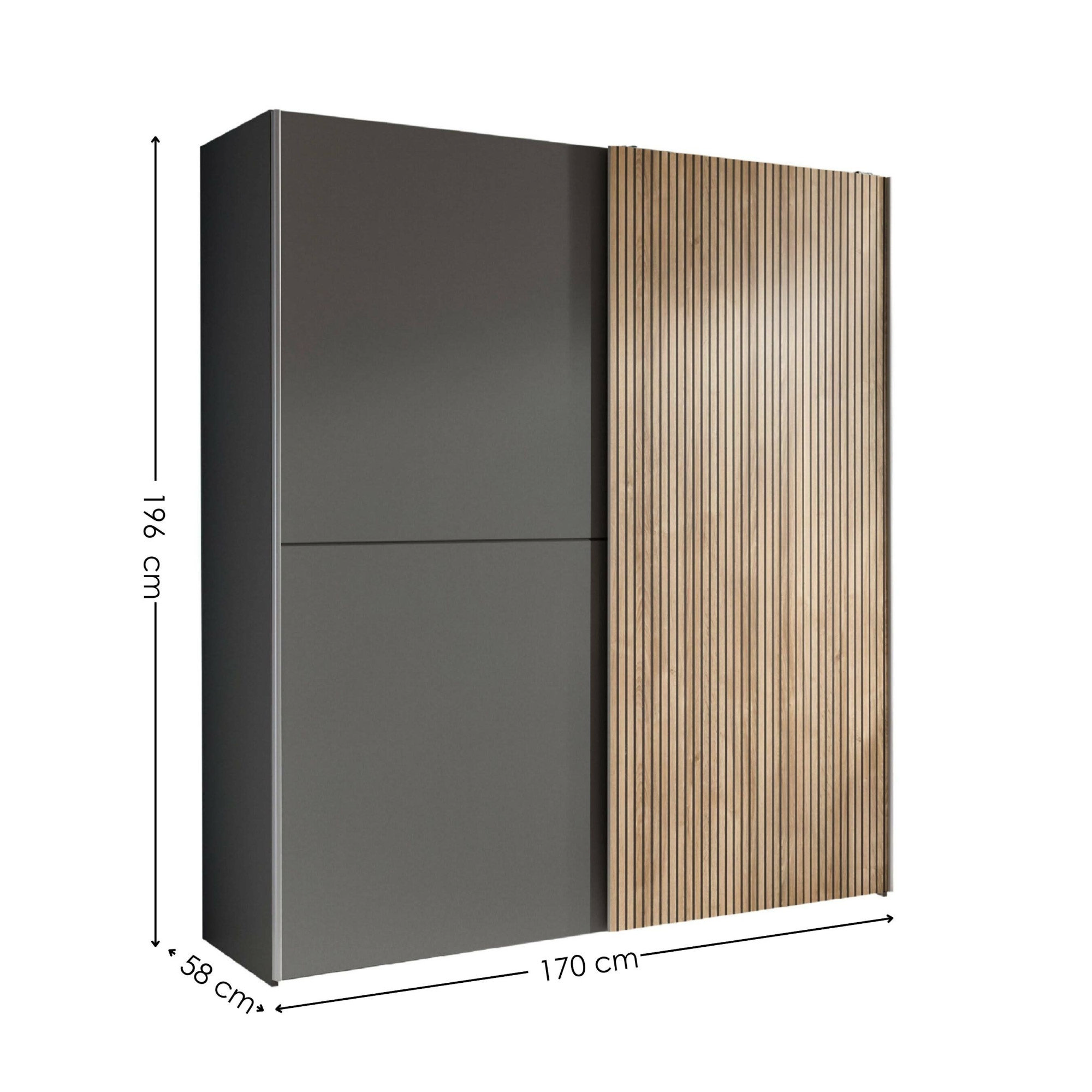 image cut out on white background of wide wardrobe with grey side and wood-effect side, with black arrow line dimensions
