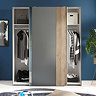 image of wide grey wardrobe with sliding doors overlapping in the middle to reveal clothes stored within