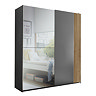 image cut out on white background of grey wardrobe with left side mirrored and right side a mix of grey and oak-effect panels