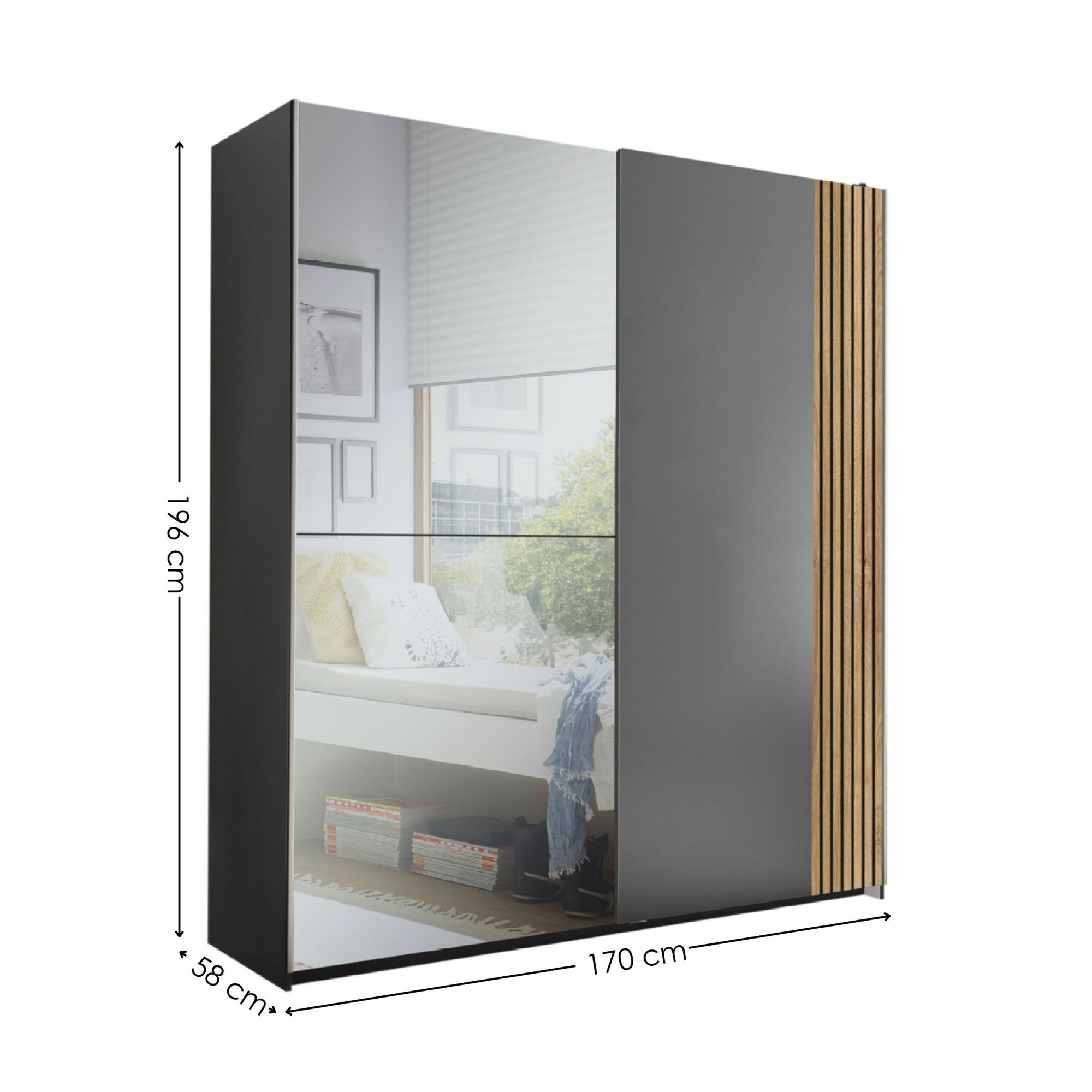 image cut out on white background of grey wardrobe with left side mirrored, with black arrow line dimensions
