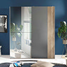 image of wide wardrobe with left side mirrored and ride side a mix of grey and thin wood-panel