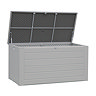 image cut out on white background of grey plastic storage box with lid propped open with gas lifts
