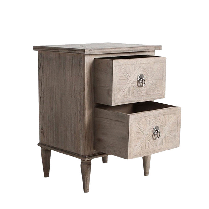 image cut out on white background of ashy wood 2 drawer bedside table, slightly side on to show drawers pulled out