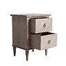 image cut out on white background of ashy wood 2 drawer bedside table, slightly side on to show drawers pulled out