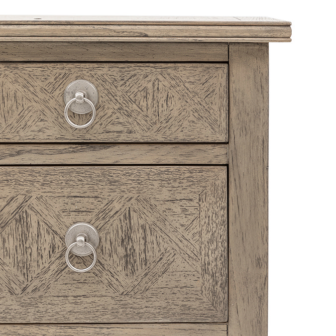close up image cut out on white background of ashy wooden chest with subtle elegant pattern