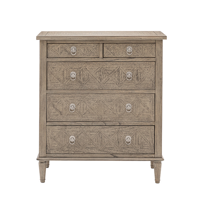 image cut out on white background of ashy wood 5 drawer chest with subtle pattern