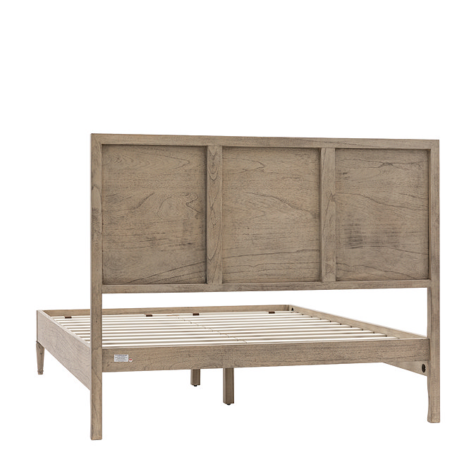 back image cut out on white background of solid wood slatted bed, showing panel design on back