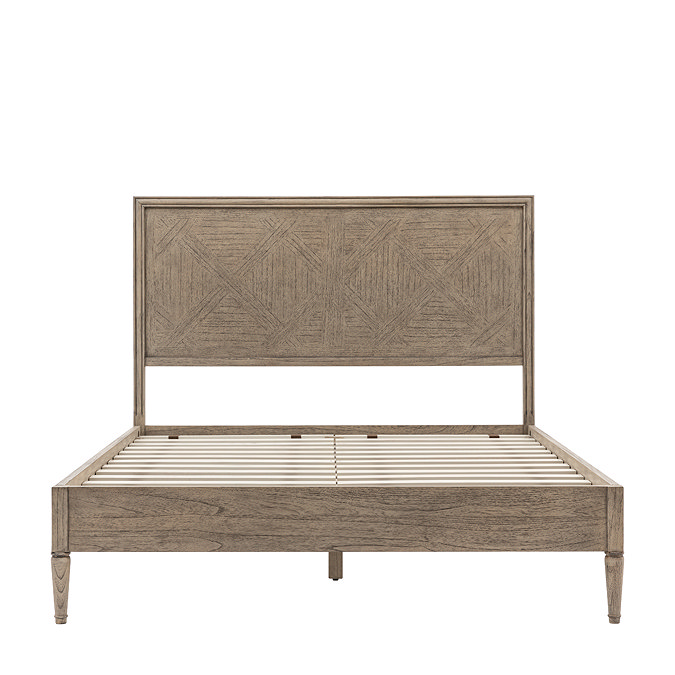front on image cut out on white background of solid wood bedframe without mattress on it