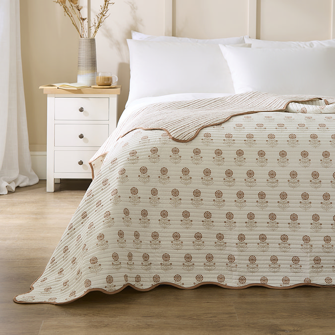 Woodblock Floral Reversible Soft Bedspread - Clay carousel image