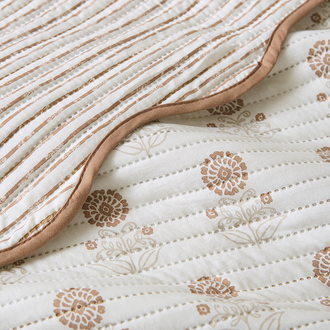Woodblock Floral Reversible Soft Bedspread - Clay carousel image