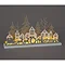 Wooden Christmas letter decoration with sleigh, houses and glittery trees, lit up from behind by warm white LED.