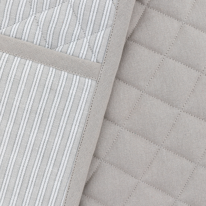 close up image of soft grey stripe pattern of double oven glove