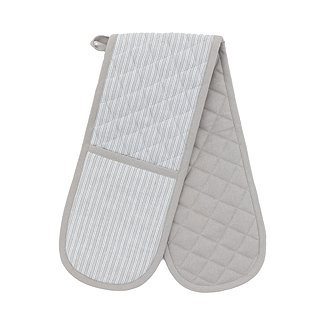 image cut out on white background of double oven glove with soft grey stripe pattern