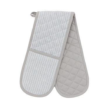 close up image of soft grey stripe pattern of double oven glove