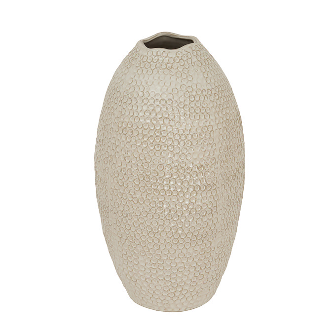 image cut out on white background of tall oval shaped vase with unique dotted texture pattern in white