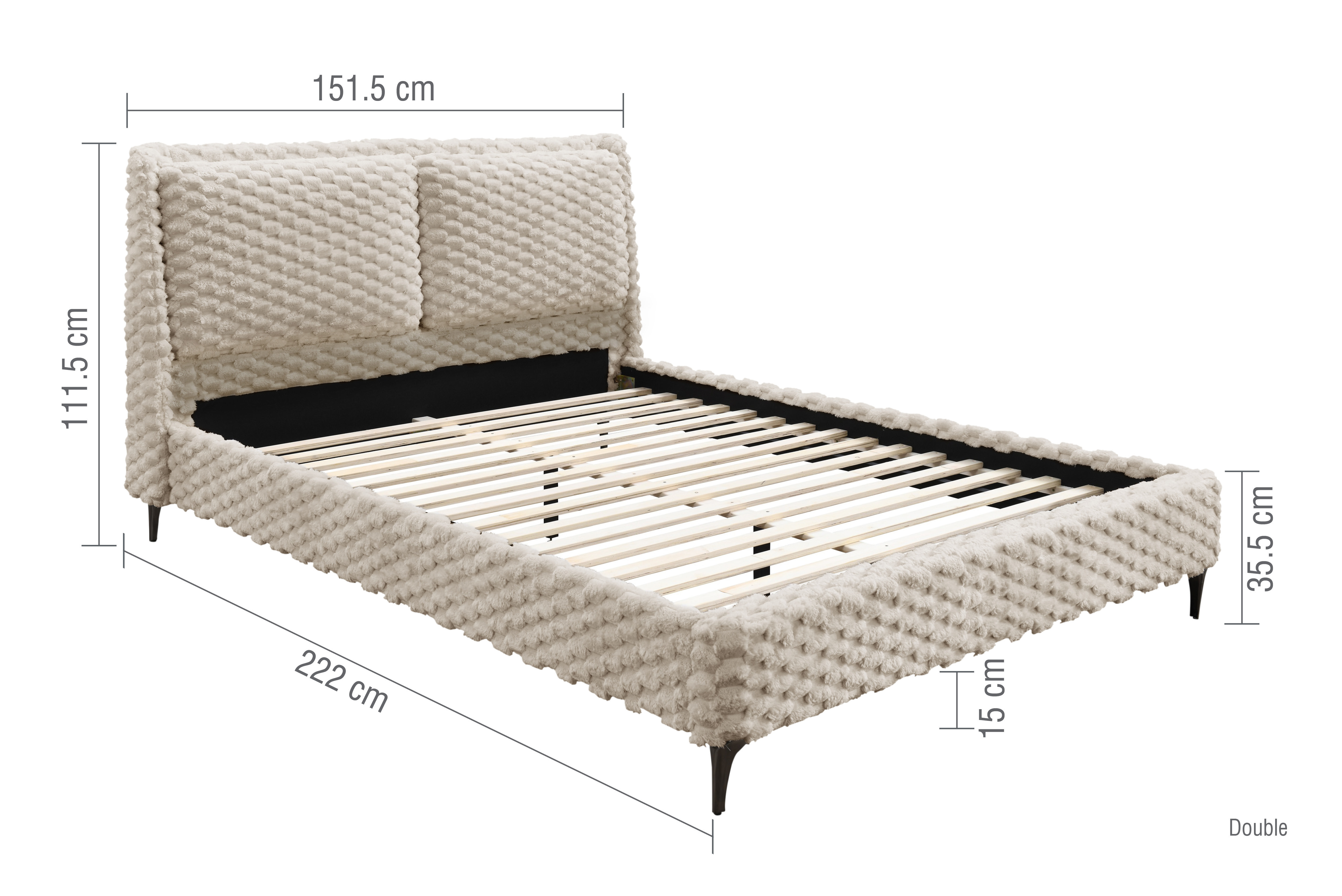 image cut out on white background of double faux fur bed, with black arrow line dimensions to show size
